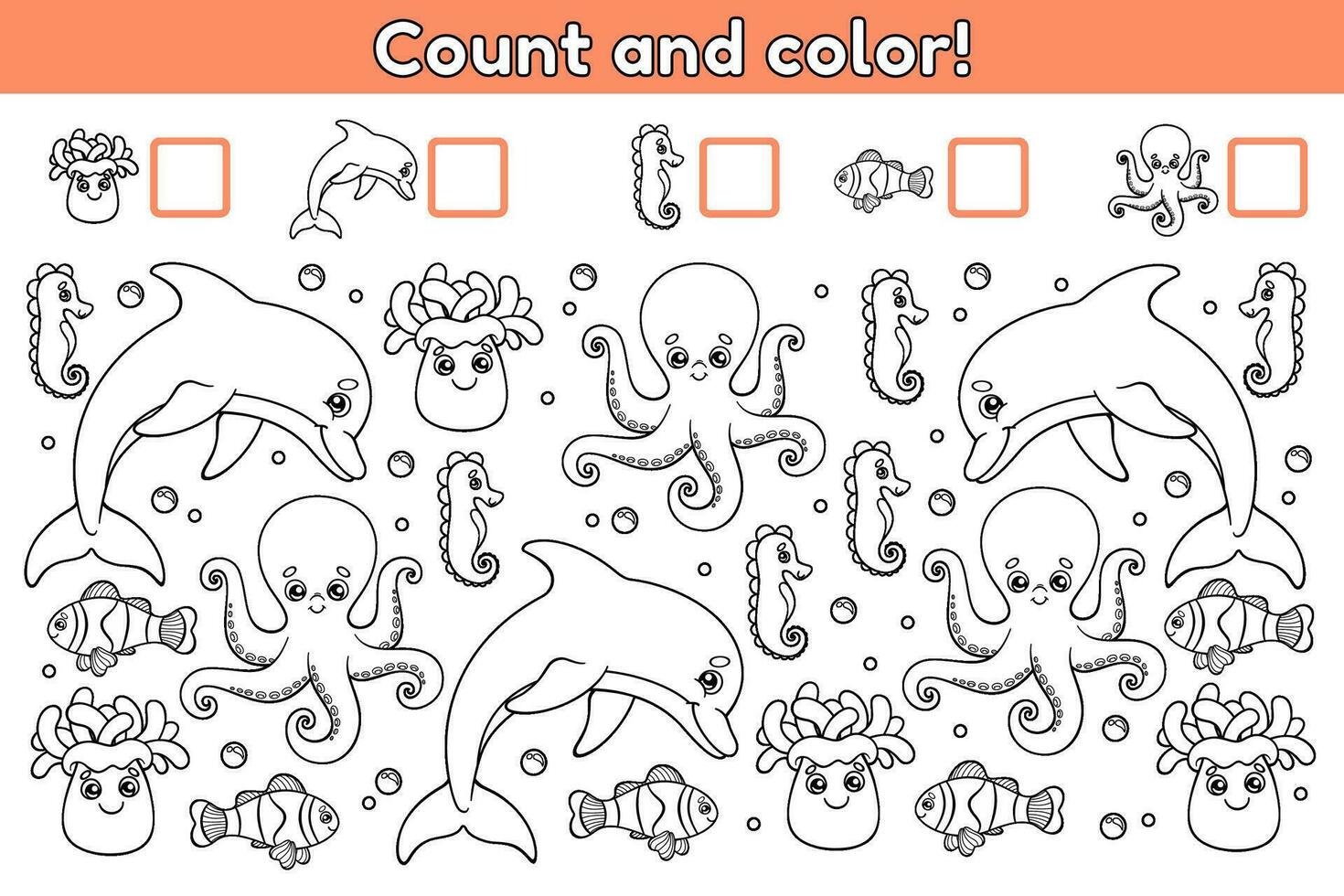 Educational math game for kids. Find, count how many cartoon sea animals and color. Page of coloring book. Activity for children. Cute dolphins, octopuses, fishes, seahorses, anemones. Vector outline