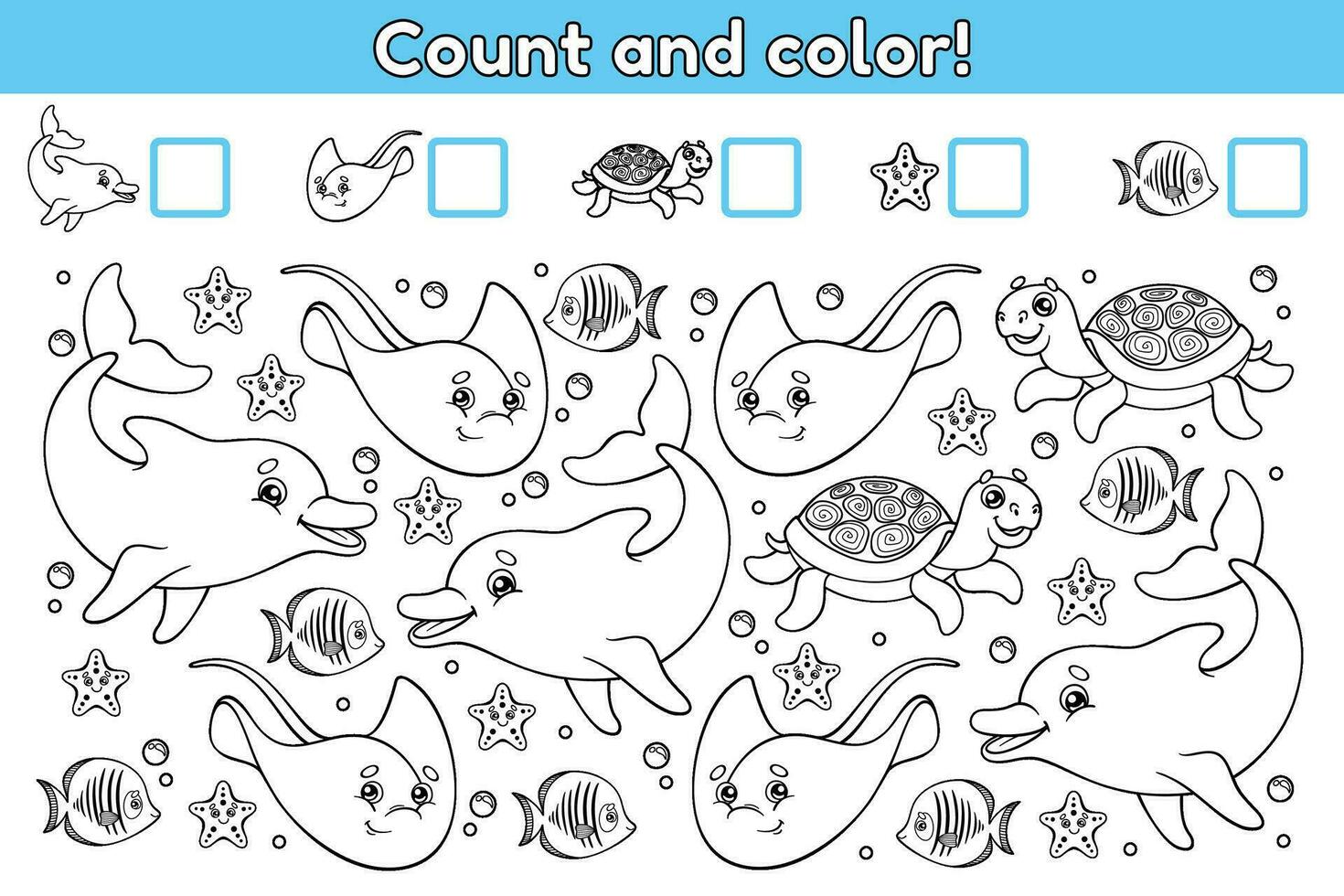 educativo matemáticas juego para niños. contar cómo muchos dibujos animados mar animales y color él. contando tarea para preescolar niños. linda tortugas, rayas, delfines, estrellas de mar y peces vector describir.