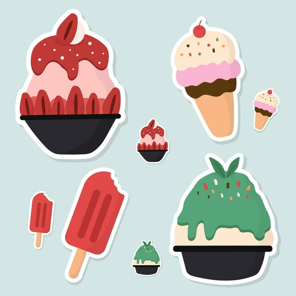 conjunto de bingsu y helado pegatinas mano dibujado vector ilustración.