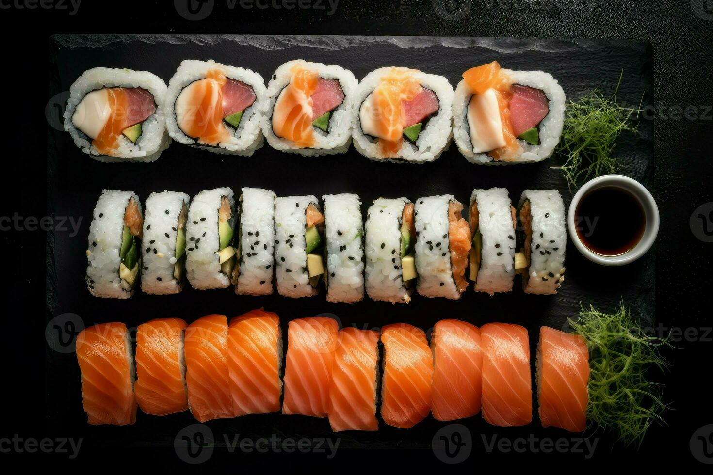 Sushi roll top view. Generate Ai photo