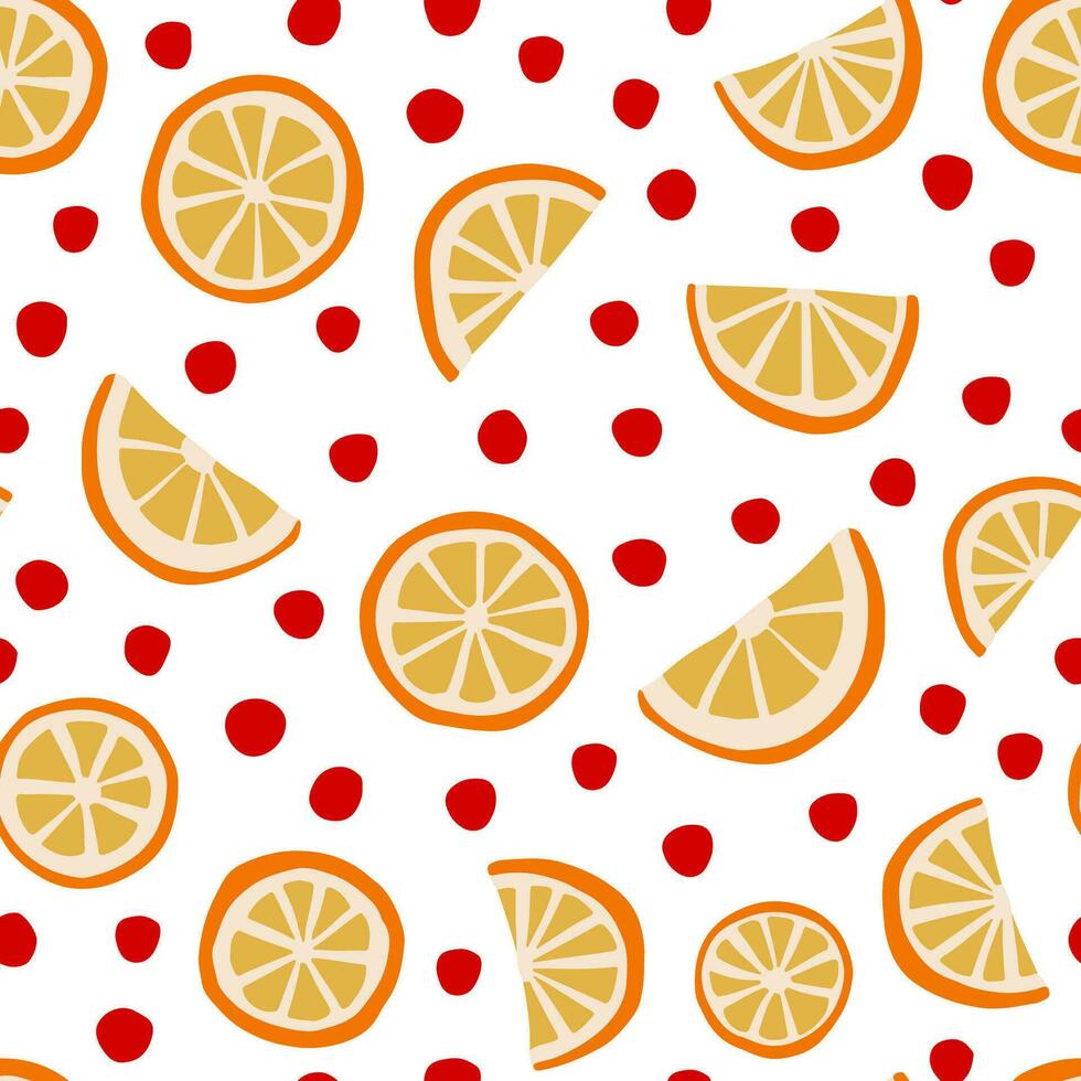 Orange fruit and dots seamless pattern. Christmas season simple vector background in red and orange colors. Dried orange slices repeat pattern.