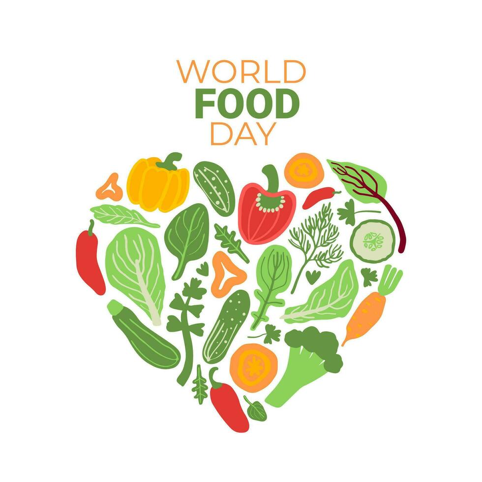 World food day poster with vegetables in a shape of a heart with text above. Nutrition, healthy diet print. Vegetarian, vegan day. vector