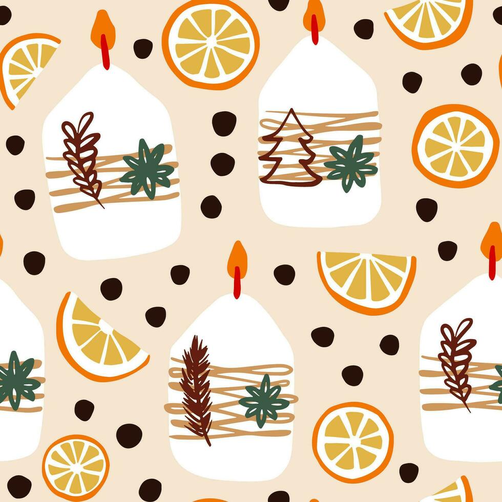 Candles and dried oranges Christmas seamless vector pattern. Hand drawn repeat pattern with winter motifs. Great as a background, wrapping paper, gift bag design.
