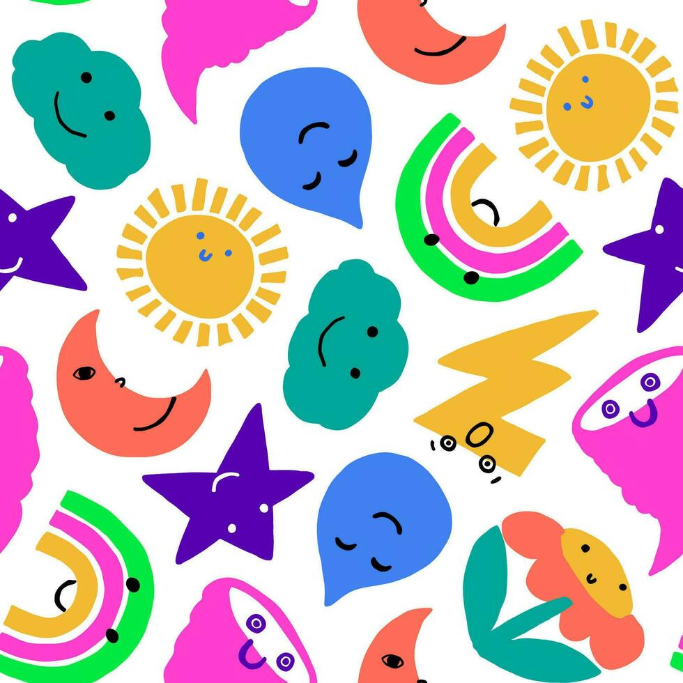 Cute cartoon weather icons and shapes seamless pattern. Repeat pattern for kids fashion collection, paper design. Cloud, rainbow, star, sun, lightning, rain pattern. vector