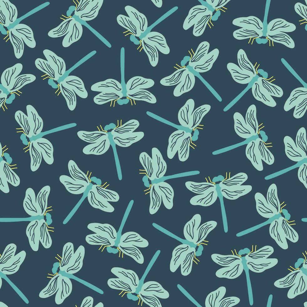 Seamless pattern with dragonflies on teal background. Dragonflies repeat pattern for textile, fashion, paper design. Colorful garden vector illustration.