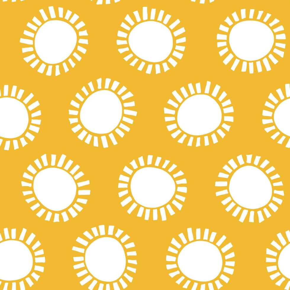 Abstract white suns seamless pattern on yellow background. Geometric circle repeat pattern in minimalist style. Farbric, paper, clothing summer design. vector