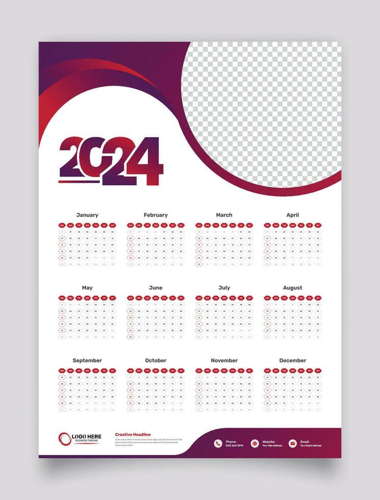 SImple single page wall calendar of 2024 with gradient color and image placeholder vector