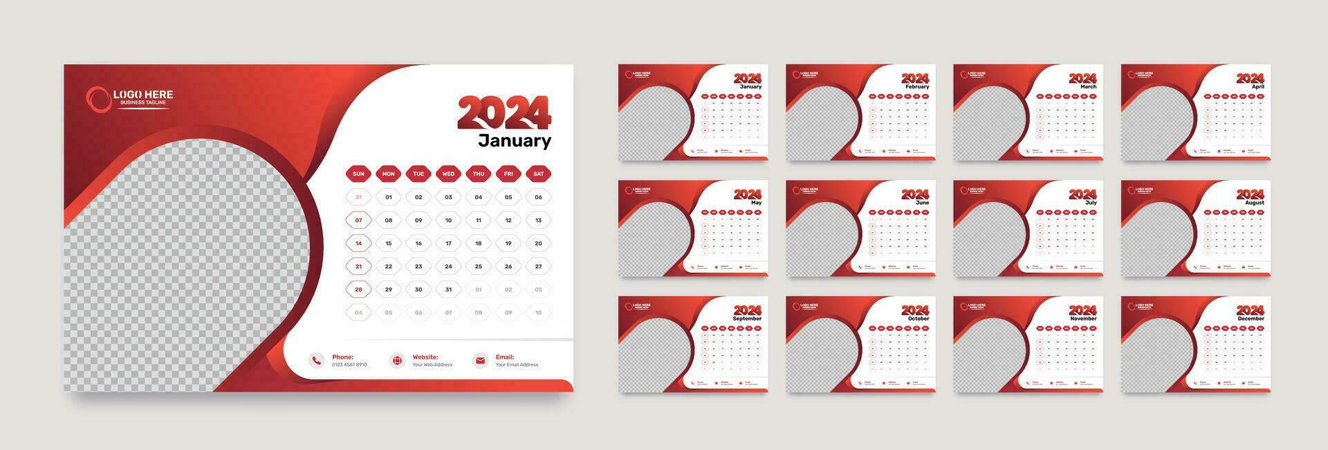 Abstract red gradient color corporate desk calendar template with 12 months accurate date format for the year 2024 vector