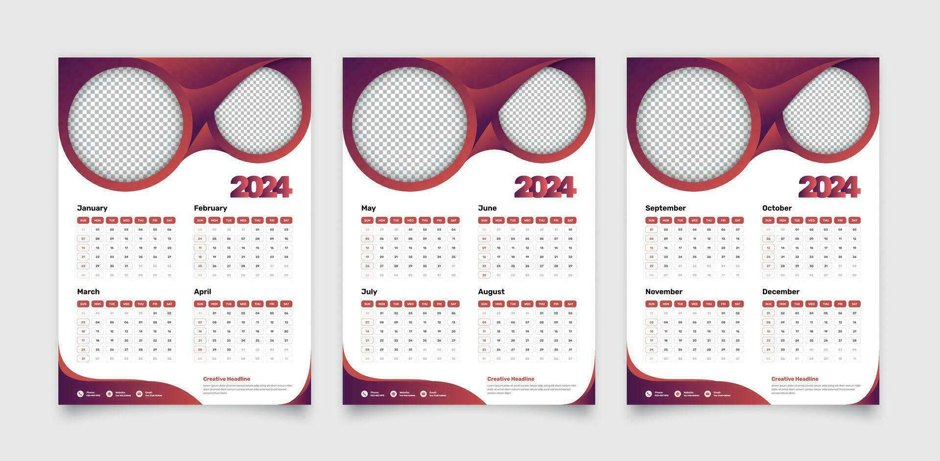 A modern abstract gradient color designed wall calendar for 2024, with four months and dates featured on each page vector