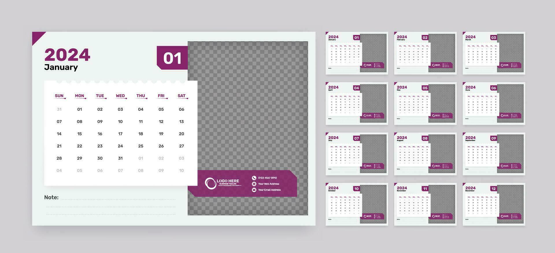 Simple 12 month calendar of 2024 with image placeholder and note space vector