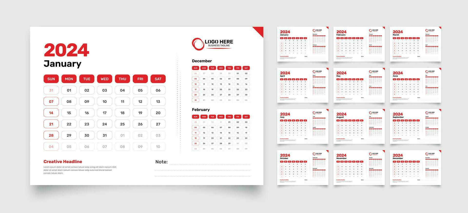 12 pages minimalist designed professional corporate desk calendar template design with previous and next month dates for 2024 vector