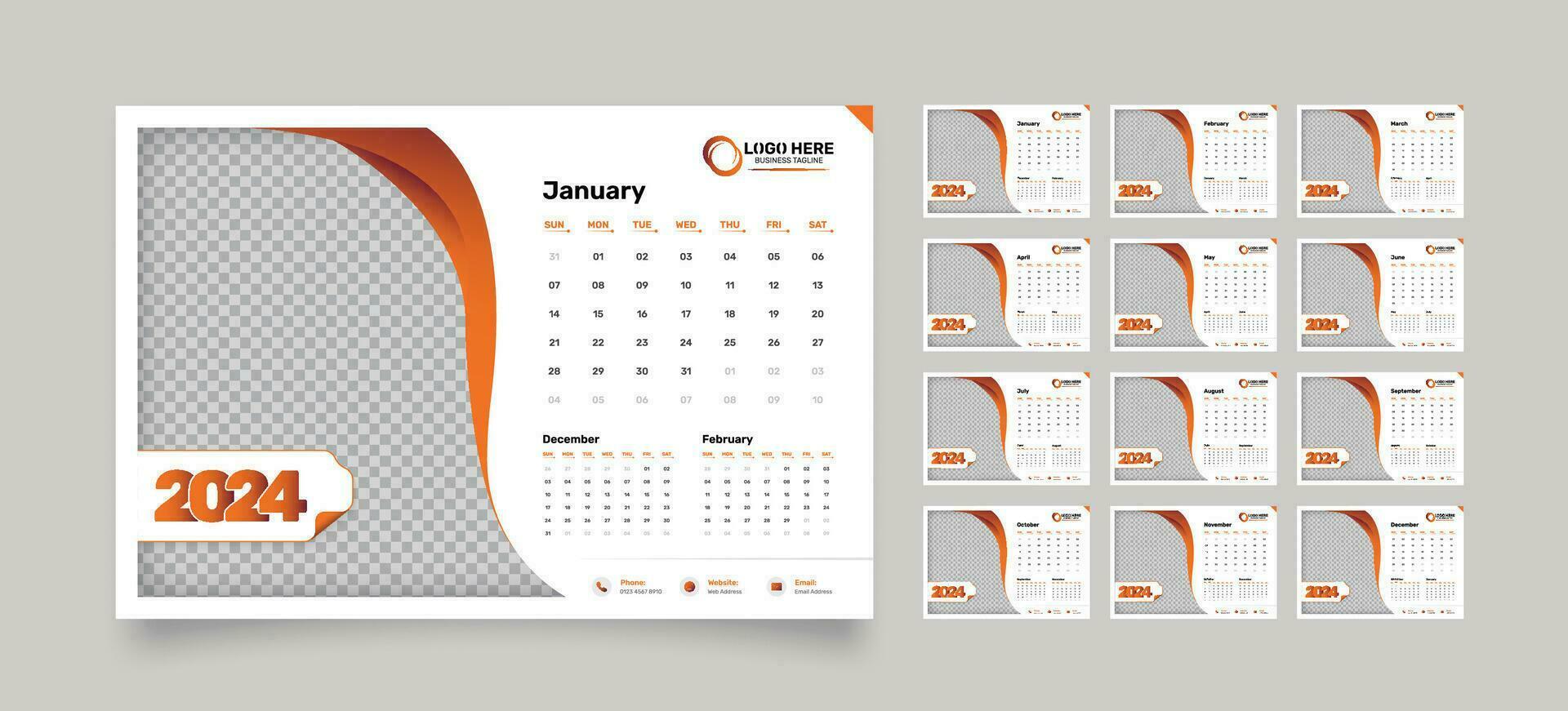 Modern 12 pages desk calendar template for the year 2024 with abstract gradient shapes and an image placeholder vector