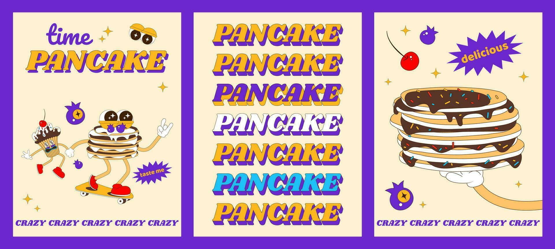 Fashion posters with funny pancake characters. Crazy pancake cake on a skateboard. Vector illustration of a poster on both sides.