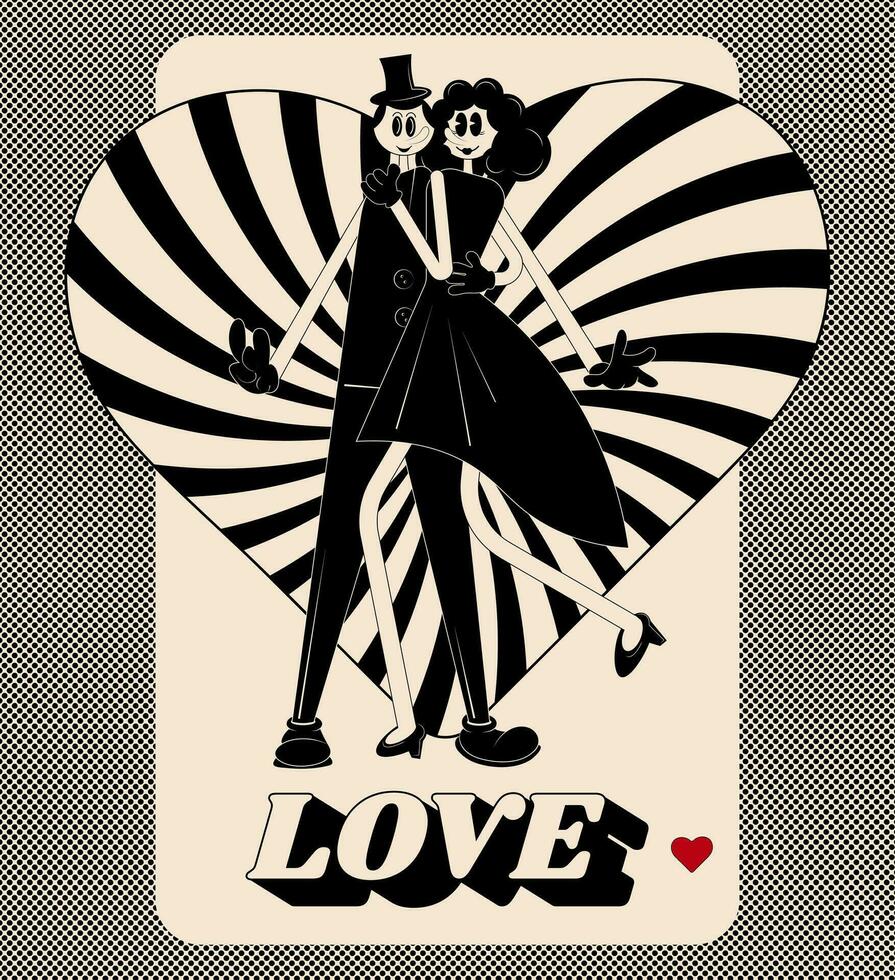 Loving couple in Groovy style. Disney cartoon style. Retro people characters. First kiss day. vector