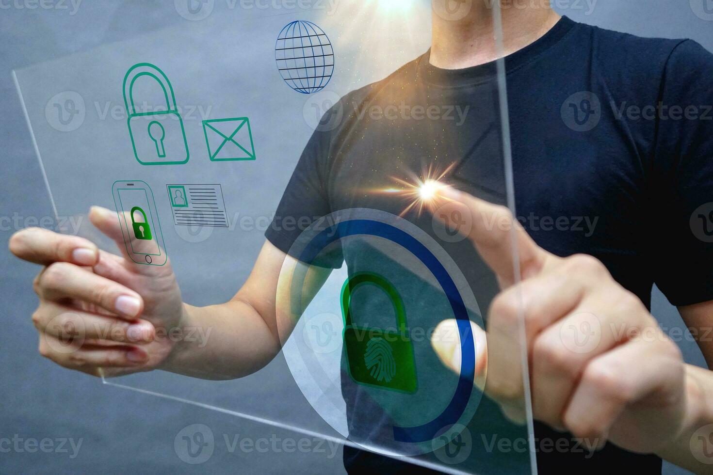 Asian man scanning fingerprints for digital encryption Unlock system will send unlock notification to network signals such as email, phone and ID card before unlocking. photo