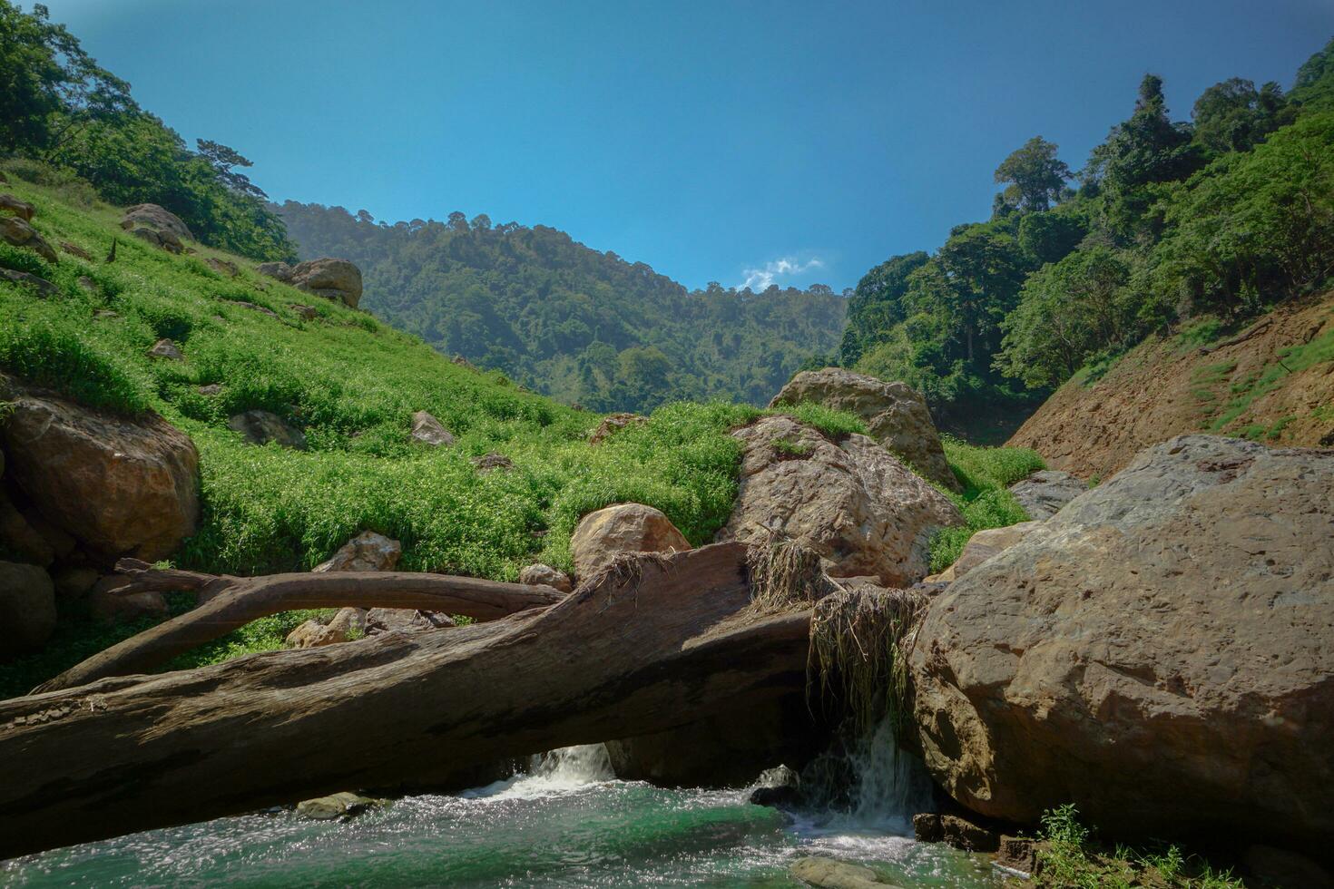 Upstream view on top of the dam Surrounded by mountains and lush nature photo