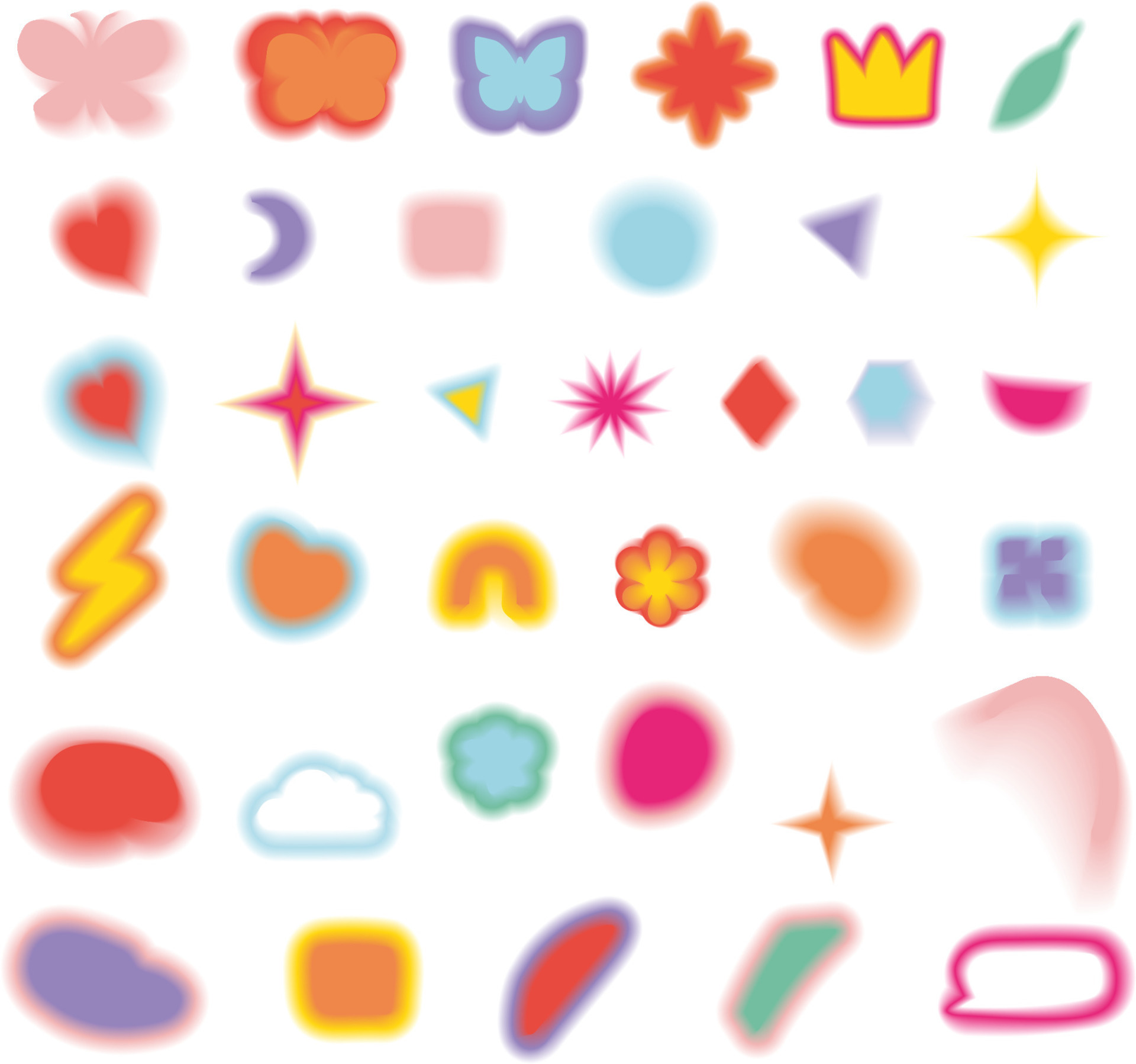 aesthetic y2k aura elements set. flower, blob, heart, butterfly