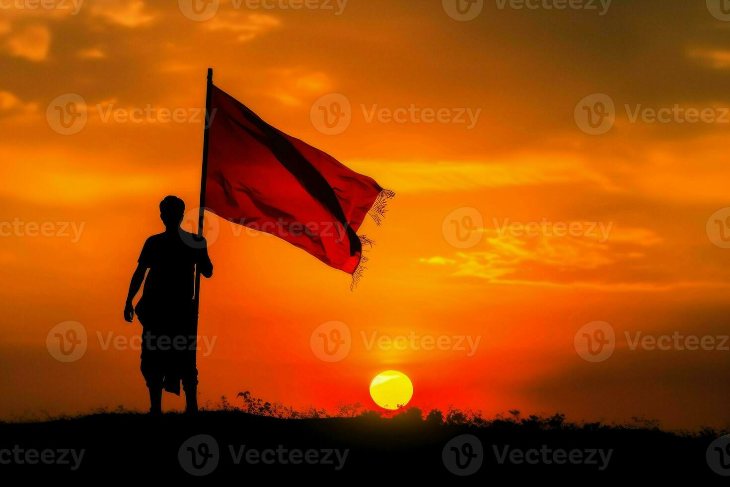 Man holding flag sunset. Generate Ai photo