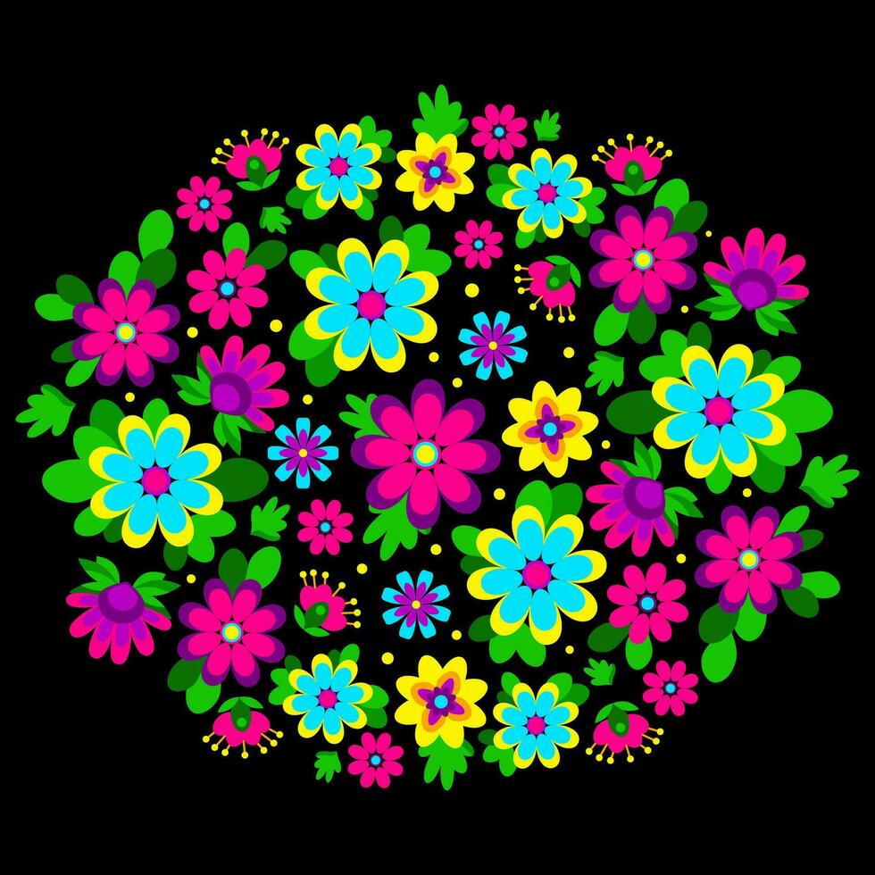 Floral ethnic Mexican embroidery in a circle on a black background vector