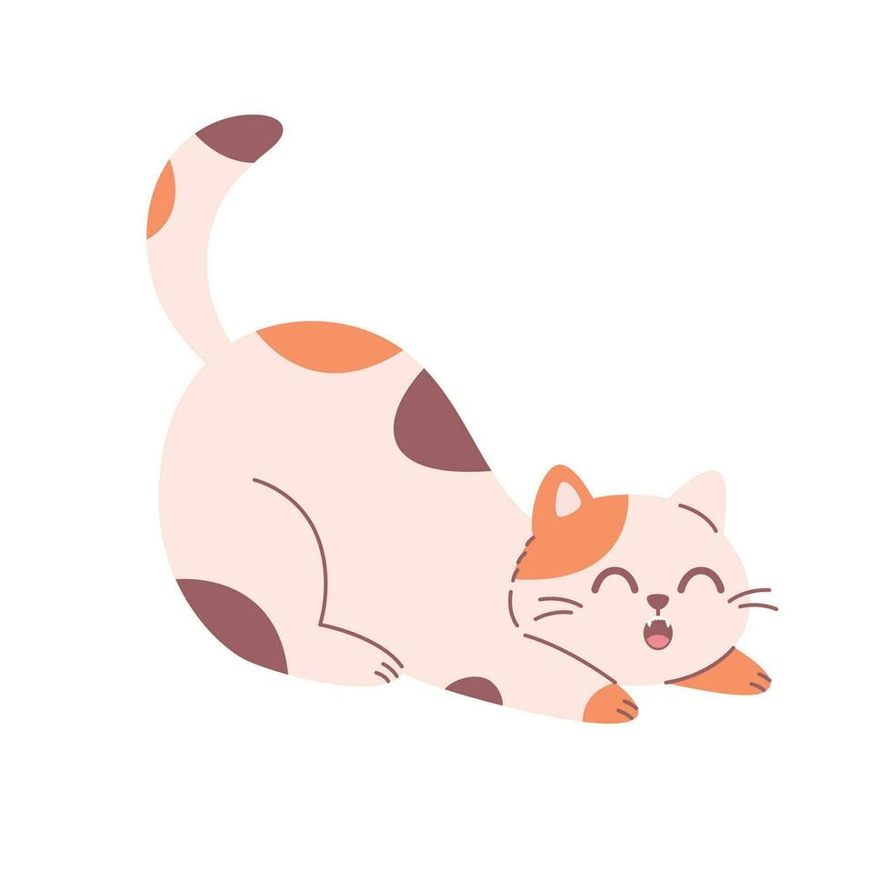 Cute cat stretching and yawning. Domestic pets, feline activities. Home cat life. vector