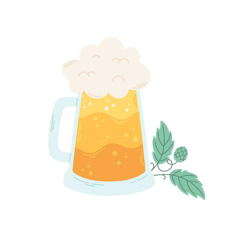 Beer mug with hops for brewing beer. Alcohol drink. vector