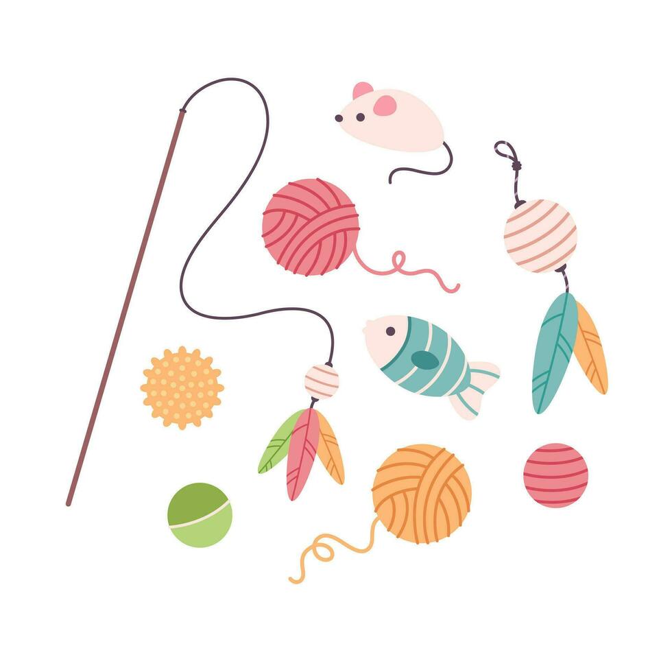 Collection of Cat toys. Pet supplies. Zoo shop goods. vector