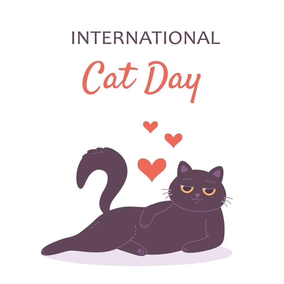 Cute black cat with hearts. International Cat Day. vector