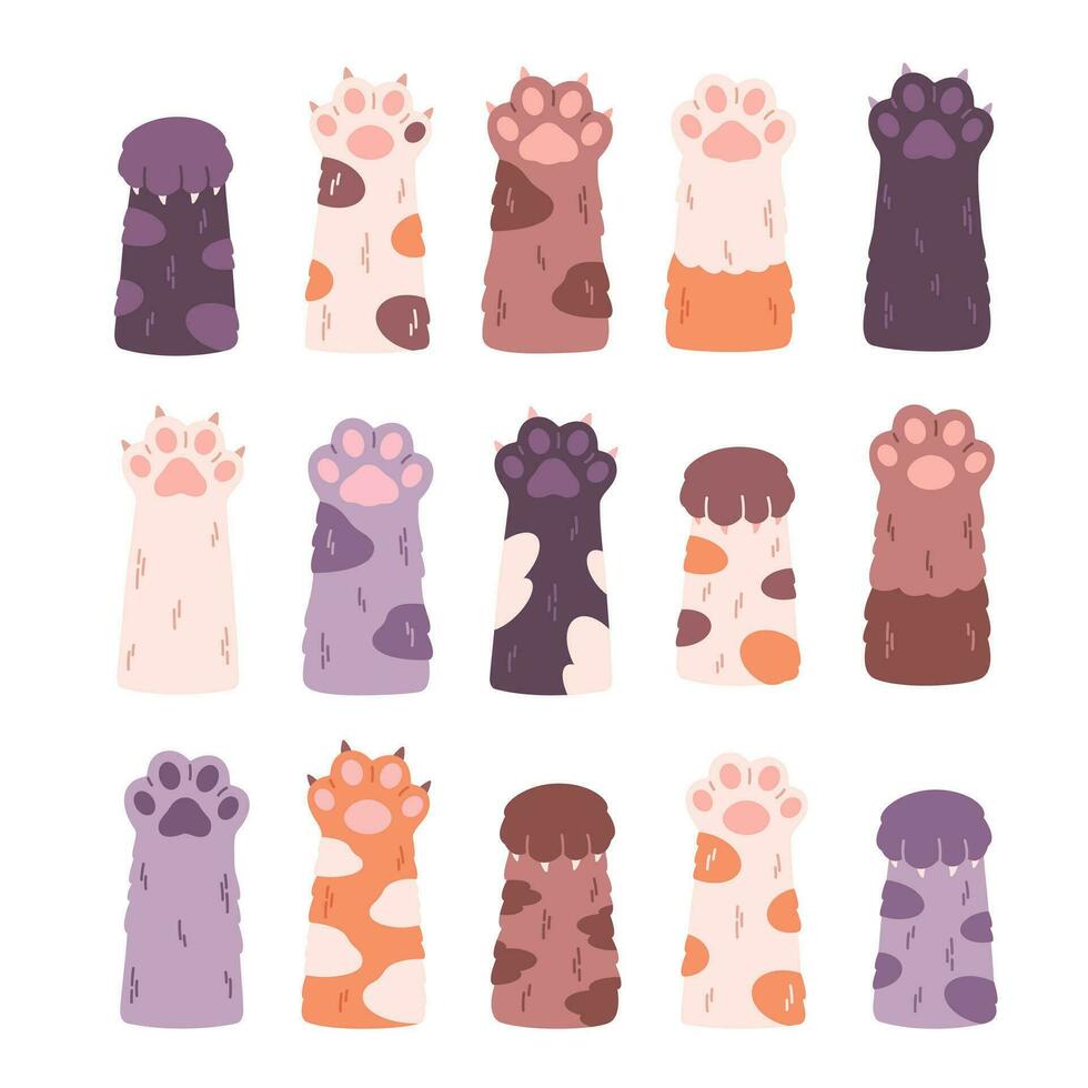 Cute cat's paws collection. Different funny pet paws with claws, animals hands vector