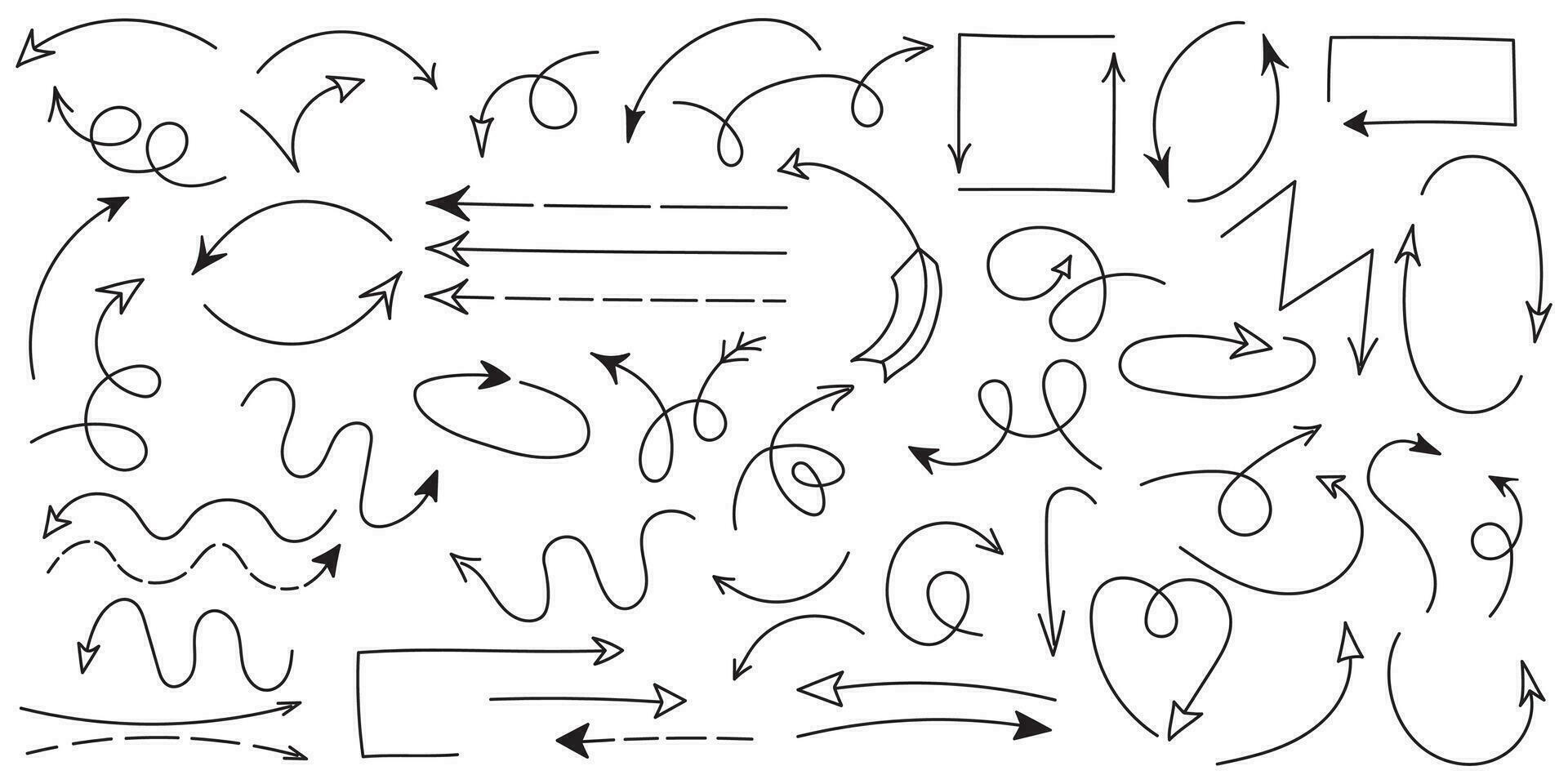 Curved arrows. Set of hand drawn arrows. Collection of pointers. Vector illustration.