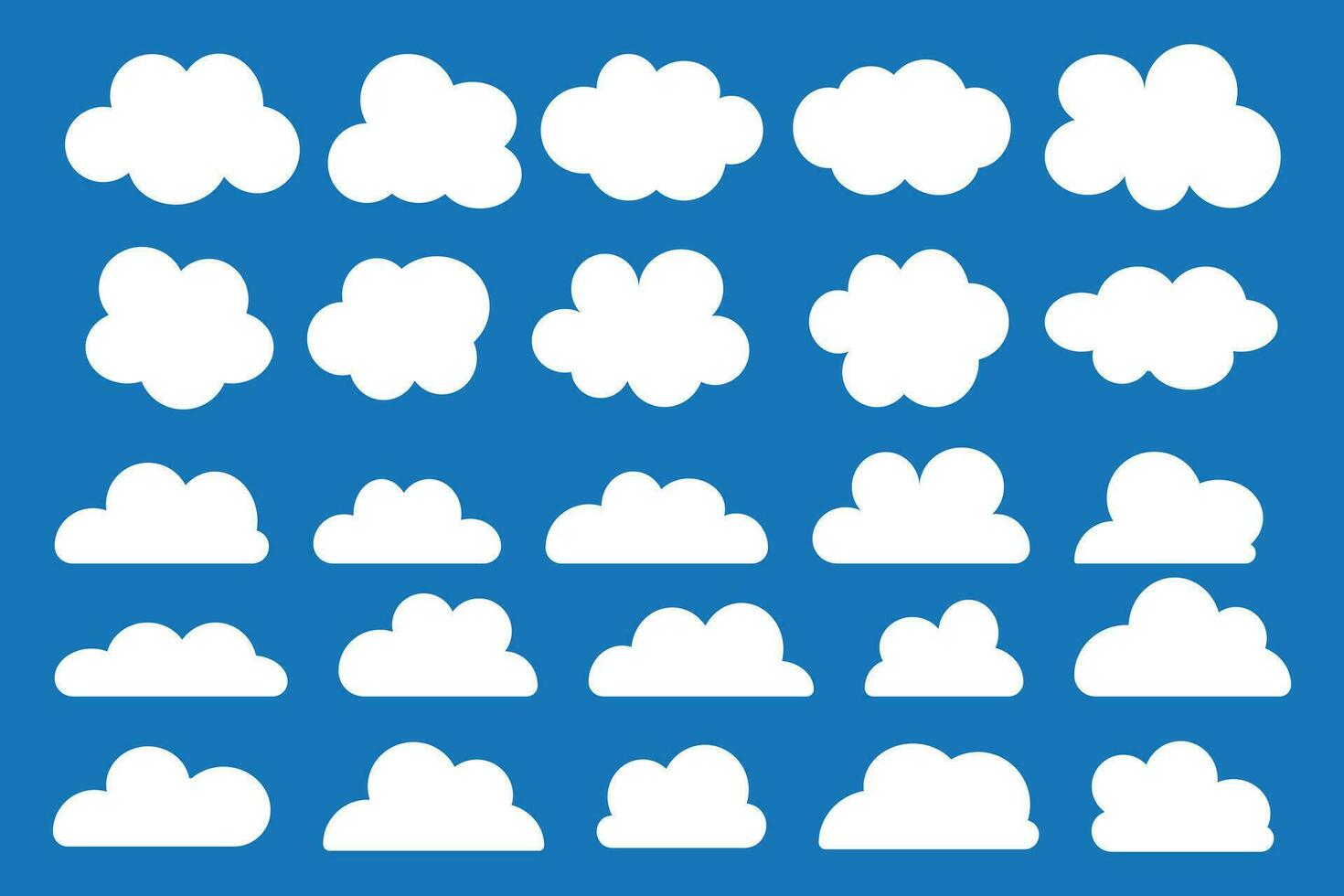 Set of clouds in blue sky. Cloud icon shape. Collection of different clouds, label, symbol. Graphic vector design element for logo, web and print.