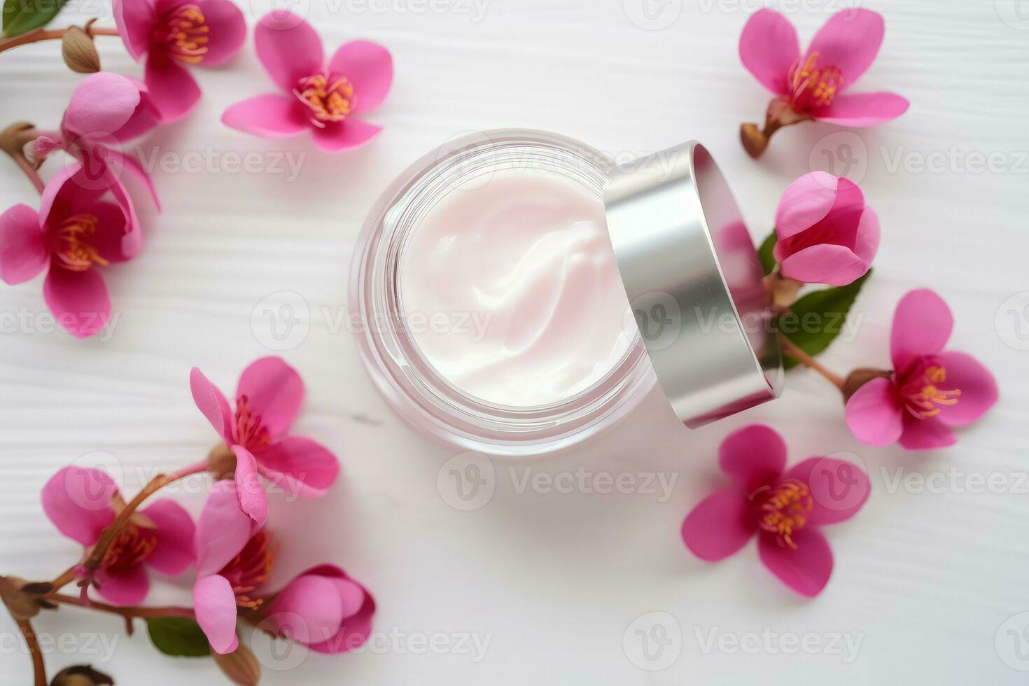 cosmético crema rosado flores diseño. generar ai foto