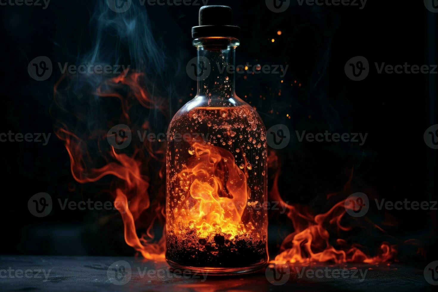 Glass bottle fire smoke. Generate Ai photo