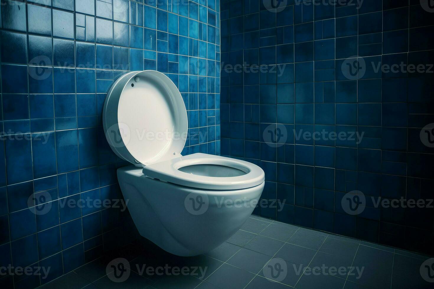 Ceramic toilet blue wall. Generate Ai photo