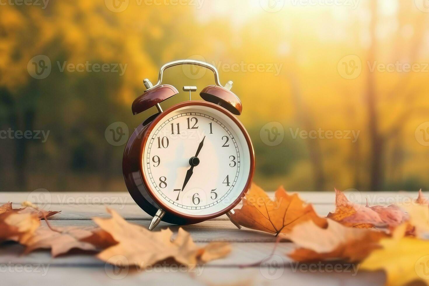 Alarm clock autumn sunset. Generate Ai photo