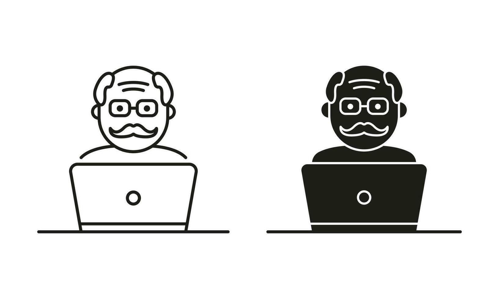 Old Senior Woman Influencer Line and Silhouette Icon Black Set. Positive Blogger Creating Content Pictogram. Elder Person with Computer Symbol on White Background. Isolated Vector Illustration.
