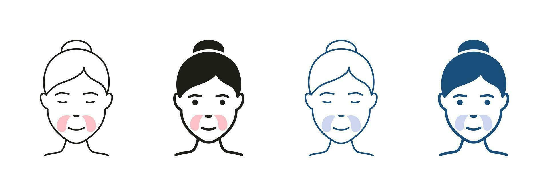 Patches for Beauty Skin. Girl Use Gel Patch Line and Silhouette Icon Set. Face Anti Aging Procedure, Cosmetic Collagen Patches Against Wrinkles Symbol Collection. Isolated Vector Illustration.
