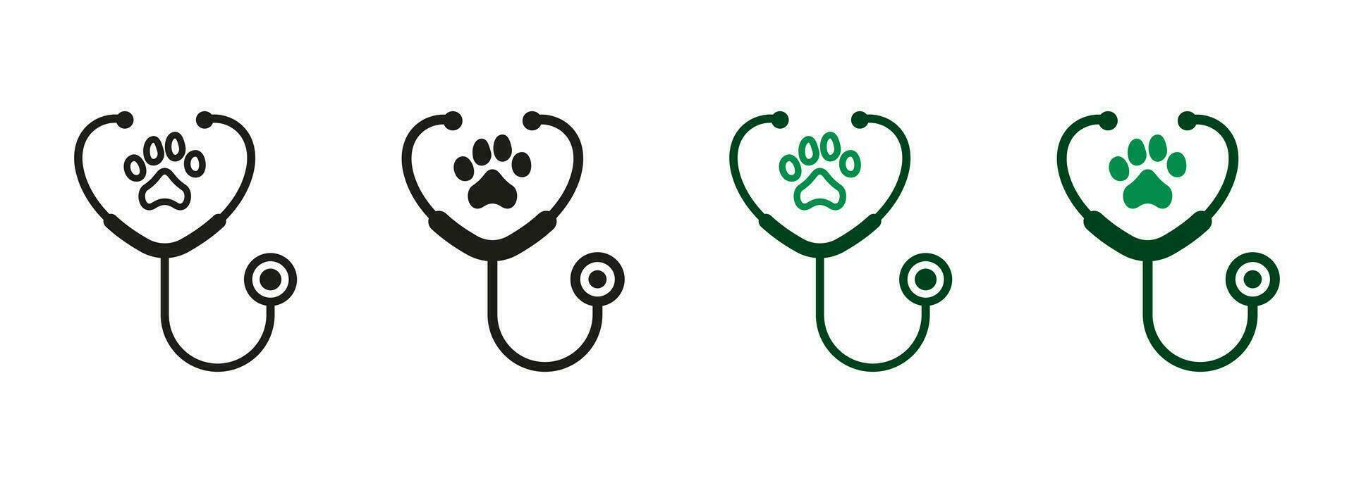 Stethoscope and Animal Footprint Veterinary Concept. Veterinarian Medicine Equipment Line and Silhouette Icon Set. Pet, Dog, Cat Health Care Service Symbol Collection. Isolated Vector Illustration.