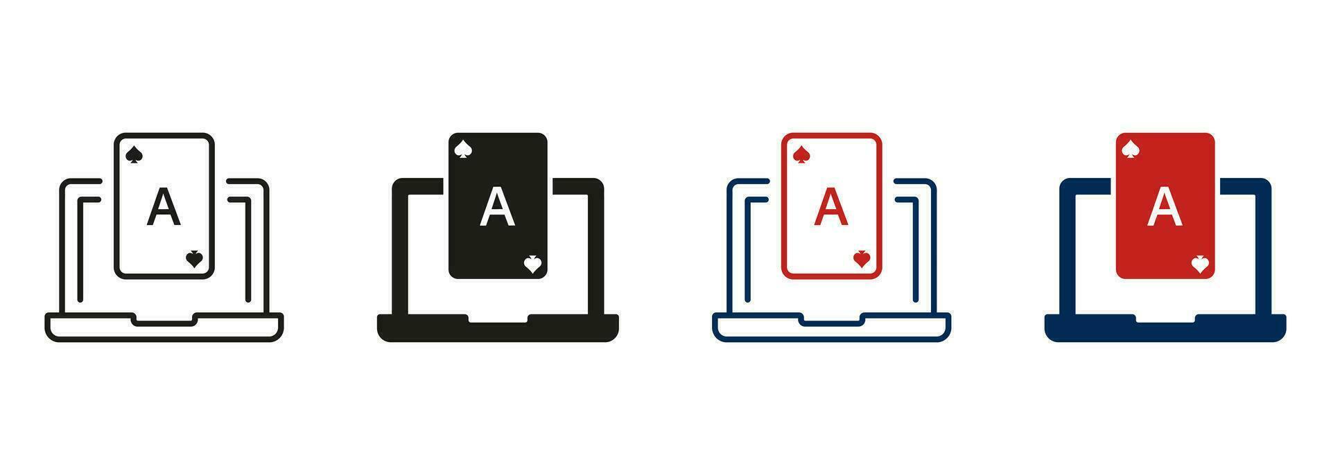 Online Gambling Line and Silhouette Icon Set. Casino Online in Laptop Symbol Collection. Internet Poker Club on Computer. Gamble Play, Card Lucky Success Jackpot. Isolated Vector Illustration.