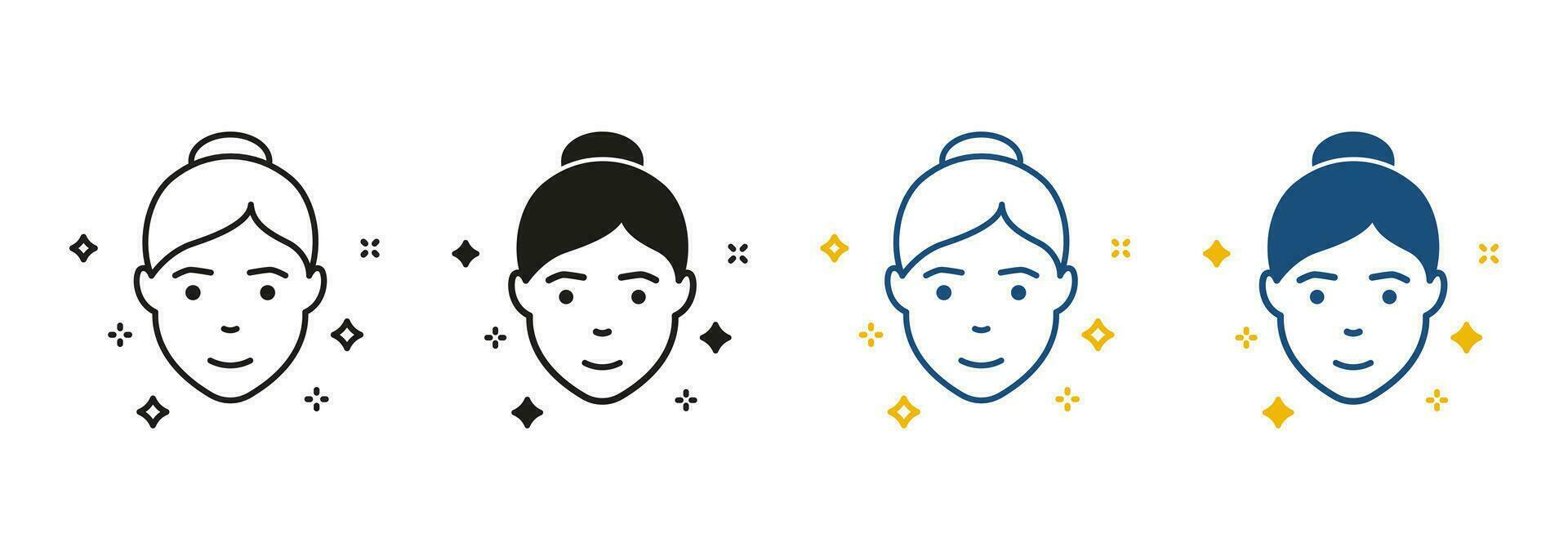 Woman with Beauty Face Skin Line and Silhouette Icon Set. Facial Health, Fresh Female Face with Clean Skin Black and Color Pictogram. Hygiene Skincare Symbol Collection. Isolated Vector Illustration.
