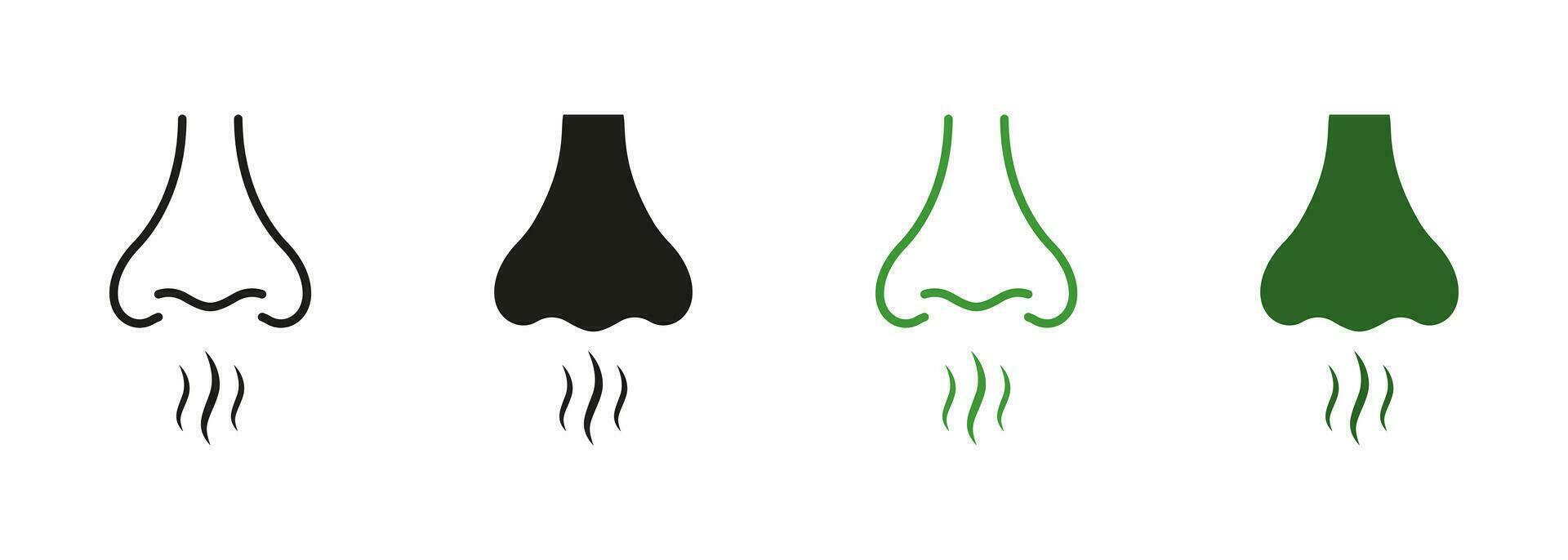 Nose Loss Sense of Smell, Breath Air Sign. Bad Aroma Symbol Collection. Nose Human Smells Line and Silhouette Icon Set. Nasal Odor Sniff Black and Color Pictogram. Isolated Vector Illustration.
