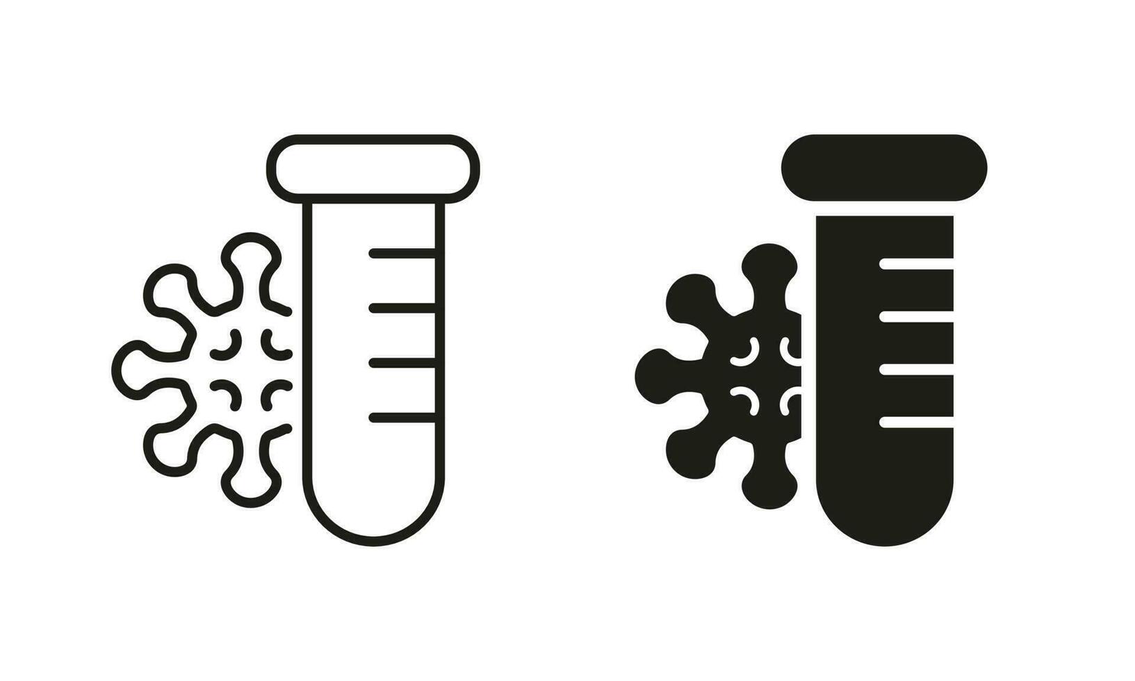 Blood Test Tube and Virus Bacteria Line and Silhouette Icon Set. Covid Pcr Test Symbol Collection. Medical Examination. Flu Disease, Coronavirus Laboratory Analysis. Isolated Vector illustration.