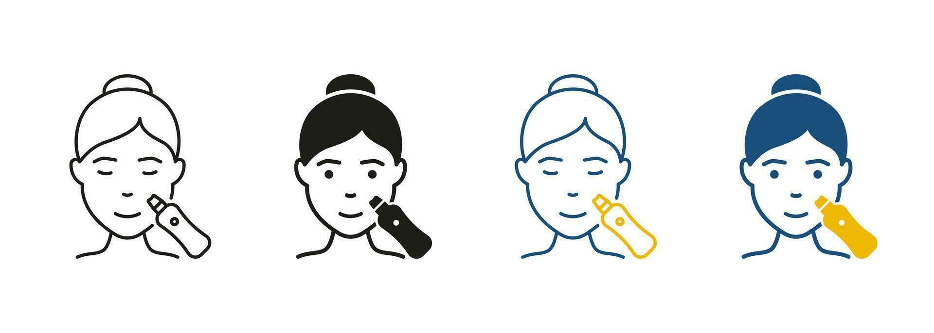 Facial Ultrasonic Cleansing for Woman Line and Silhouette Icon Set. Skin Beauty Procedure Symbol Collection. Face Peeling, Cleansing with Ultrasound Device Pictogram. Isolated Vector Illustration.