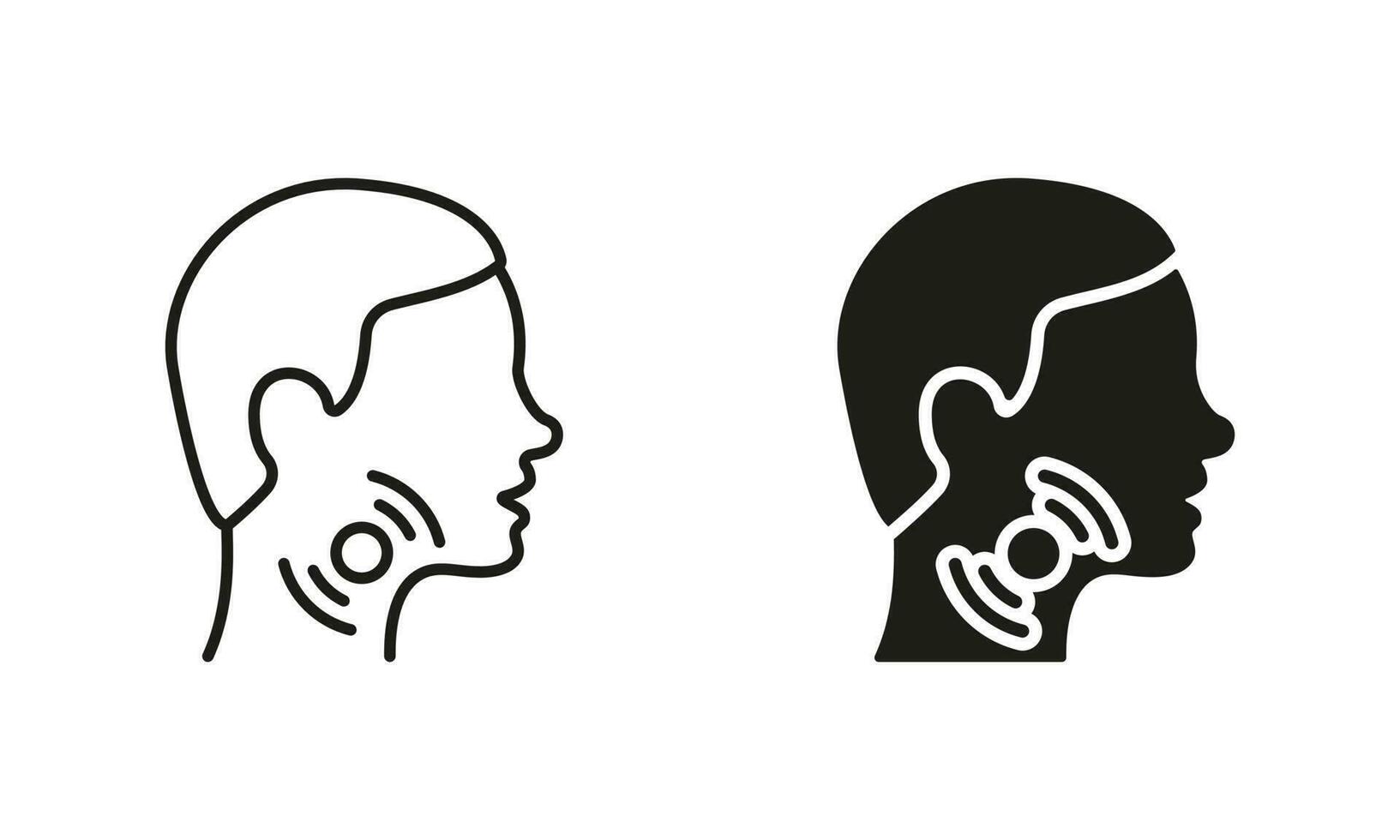 Sore Throat Line and Silhouette Icon Set. Painful Sore Throat Symbol Collection. Male Head with Symptoms of Angina, Flu, Cold Pictogram. Isolated Vector illustration.