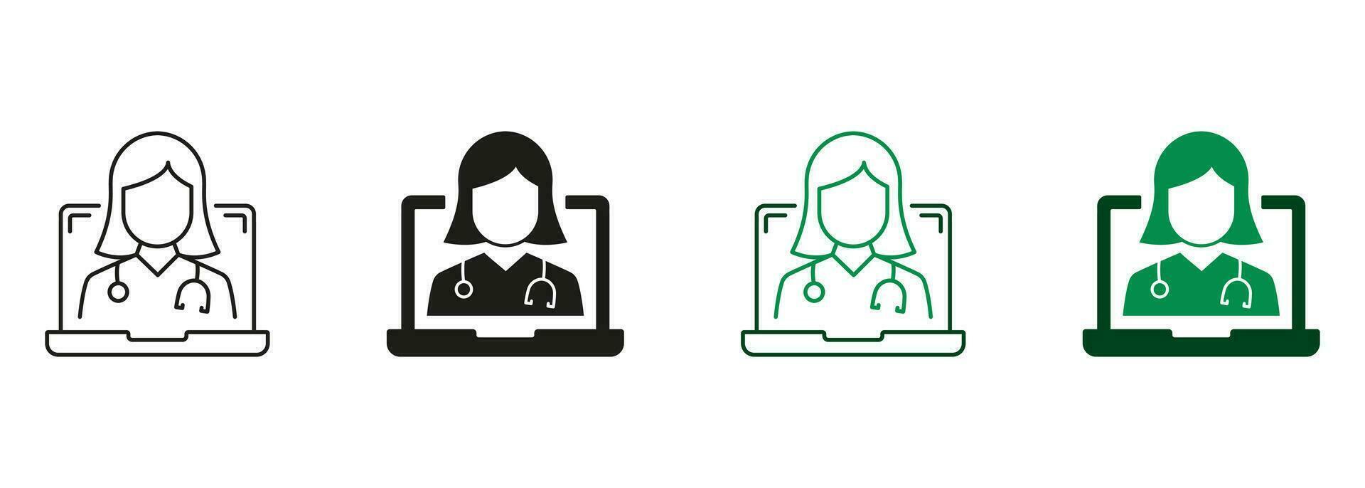 Online Remote Healthcare Pictogram. Online Digital Medicine Line and Silhouette Icon Set. Virtual Medical Service, Telemedicine Symbol Collection. Doctor in Computer. Isolated Vector Illustration.
