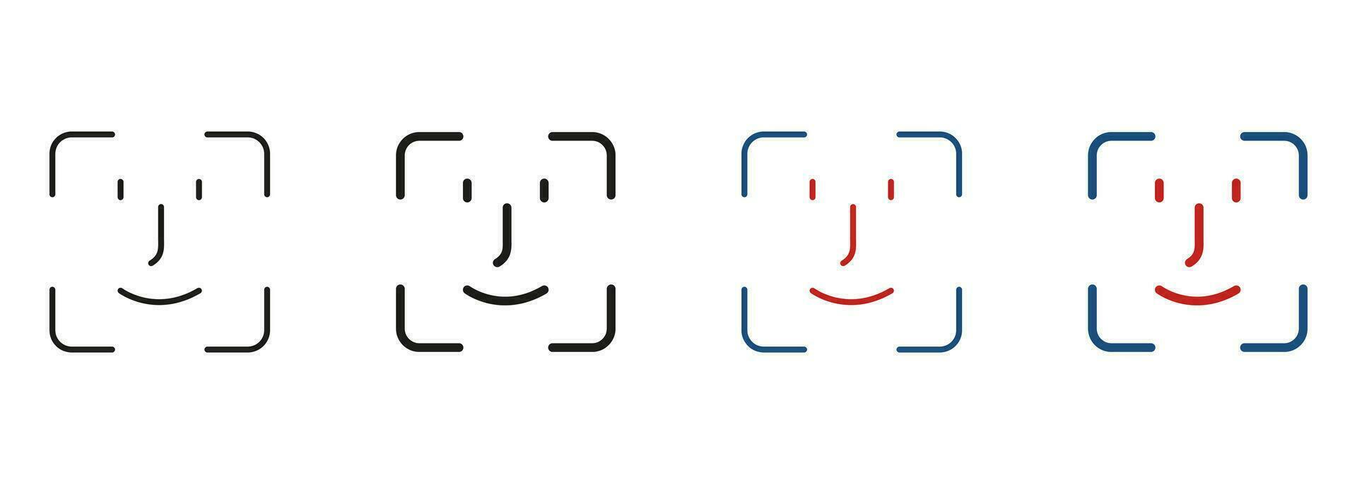 Face ID Line and Silhouette Icon Set. Facial Recognition Pictogram. Biometric Identification Scan Technology Symbol Collection. Verification on Smartphone Sign. Isolated Vector Illustration.