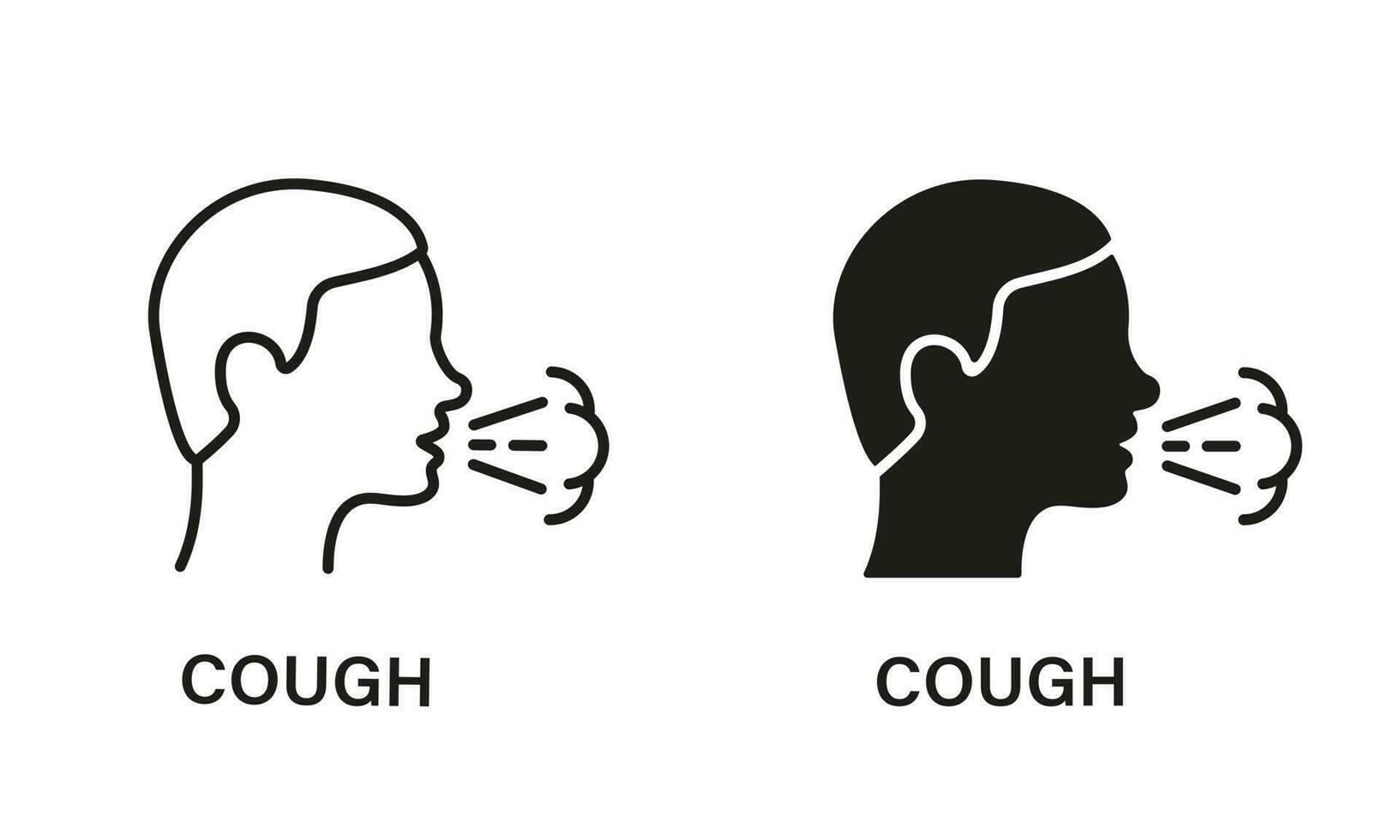 Cough Line and Silhouette Icon Set. Flu, Cold, Coronavirus Symptoms Symbol Collection. Man Coughing or Sneezing. Infectious Diseases, Bronchitis, Tuberculosis Pictogram. Isolated Vector illustration.