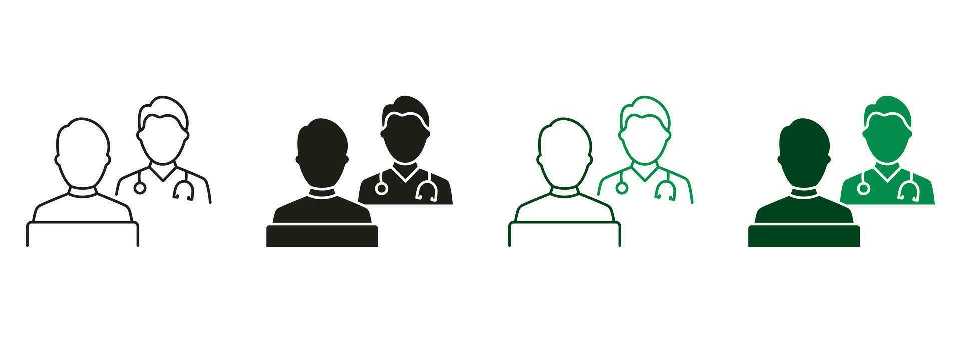 Dialog About Health Care Black and Color Sign. Hospital Physician Counseling Patient Pictogram Collection. Patient Consultation with Doctor Line and Silhouette Icon Set. Isolated Vector Illustration.