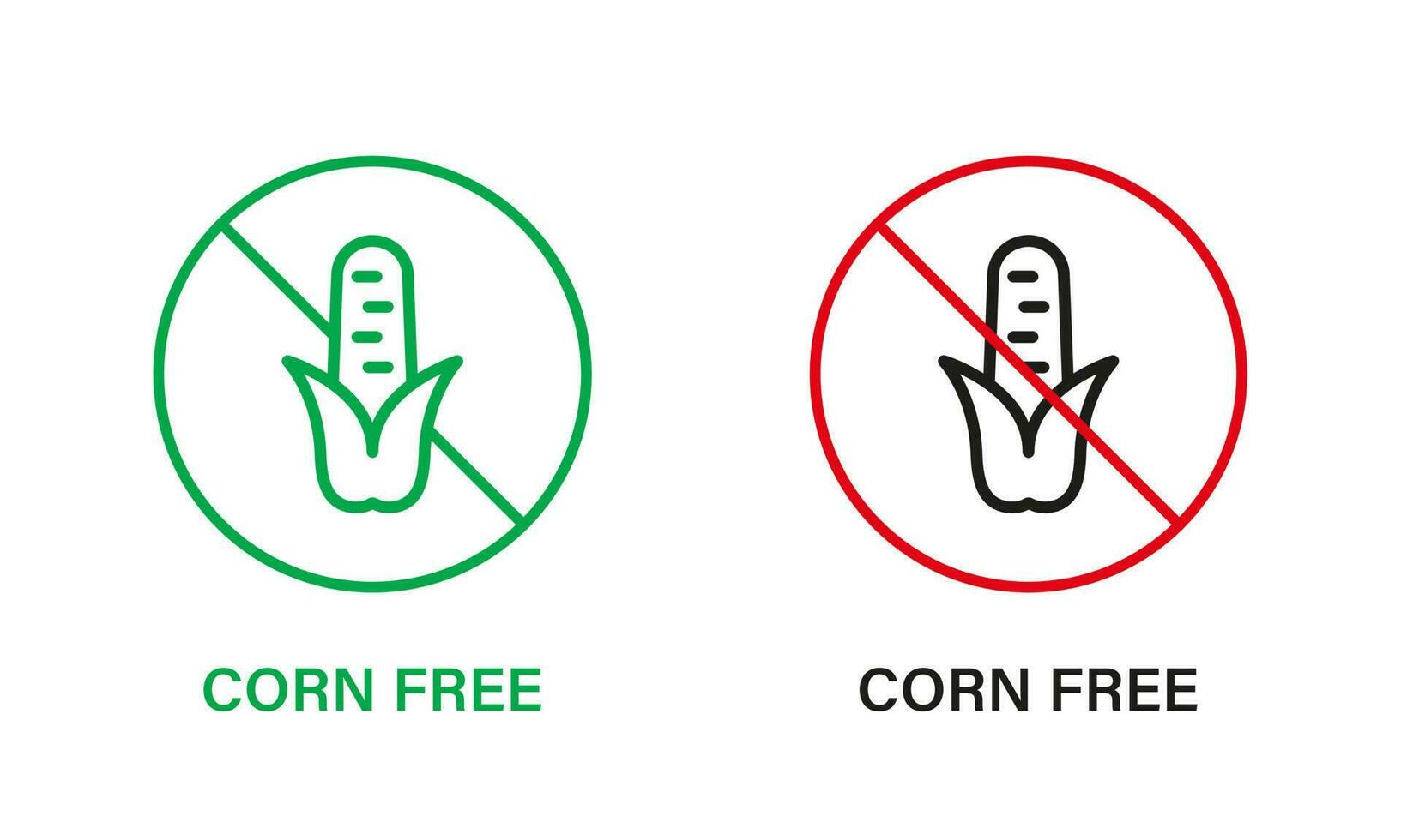 Corn Free Line Icon Set. Cob Maize Allergy Ingredient Green and Red Stop Sign. Ban Contain Maize Logo. Corn Starch Allergen Forbidden Symbol. None Corncob. Isolated Vector Illustration.