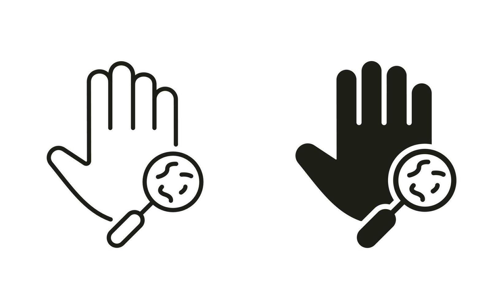 Bacteria, Germs, Microbes, Bacilli on Dirty Hands Line and Silhouette Icon Set. Magnifier and Human Hand with Virus and Bacteria Symbol Collection. Medical Research Sign. Isolated Vector illustration.