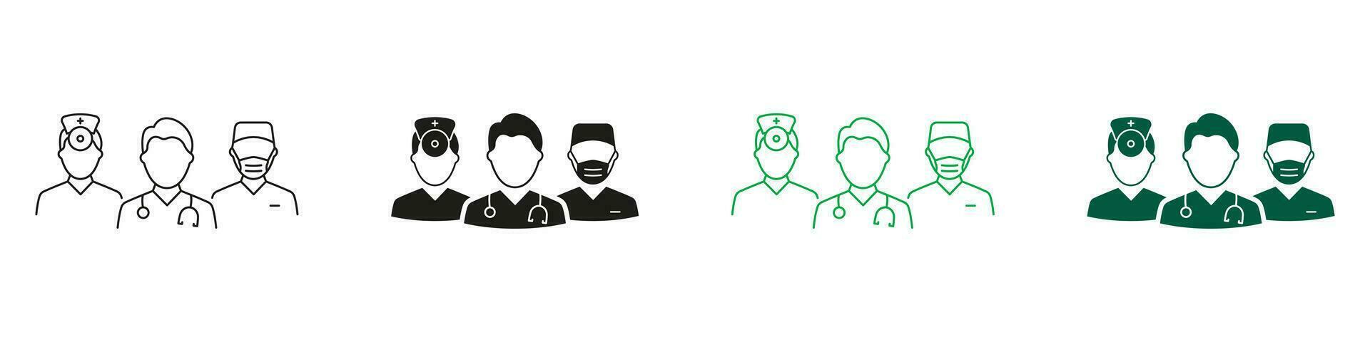 doctores y enfermero equipo línea y silueta iconos cuidado de la salud profesional hospital personal símbolo recopilación. médico especialistas grupo negro y color pictograma colocar. aislado vector ilustración.